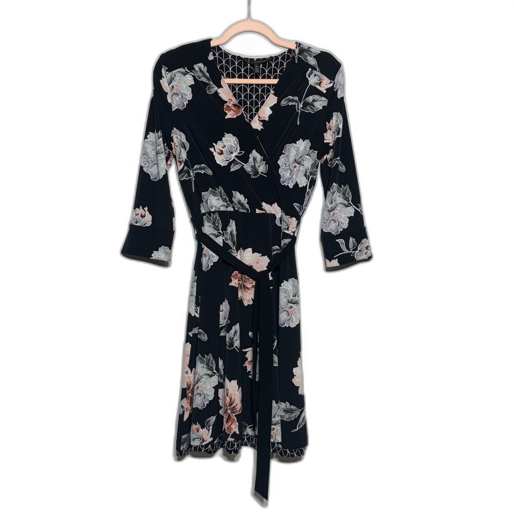 White House Black Market Reversible Wrap Dress XS Black Pink Floral Geometric